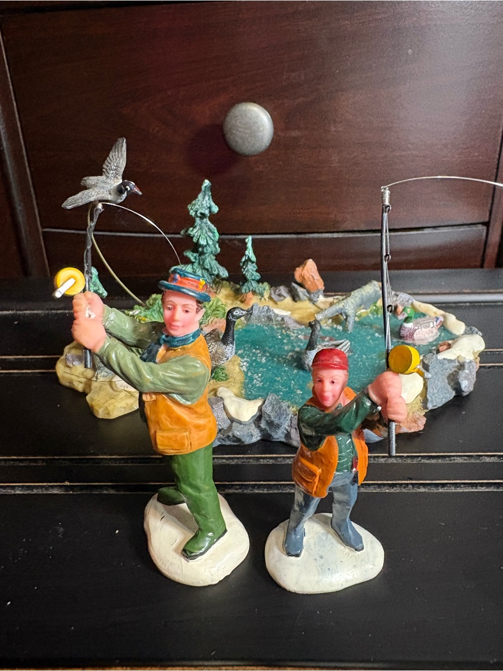 Lemax-Hand-Painted Fisherman Figurine Set & Geese and Duck Pond